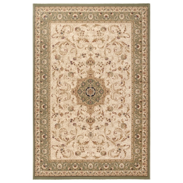 Elegant Oriental Rug Beige with Floral Design & Green Border